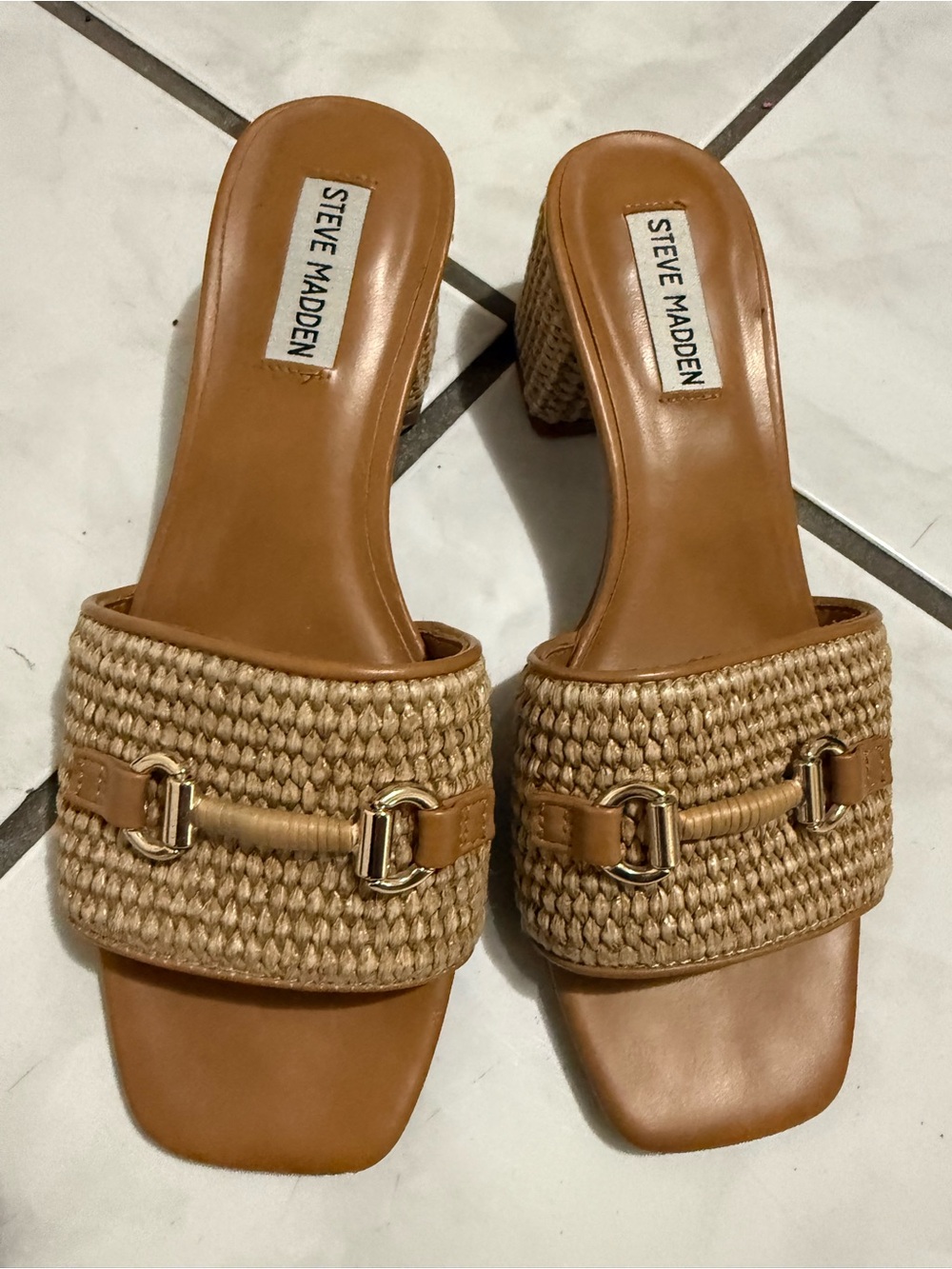 Steve Madden Tan Woven Slide Sandals with Gold Accents